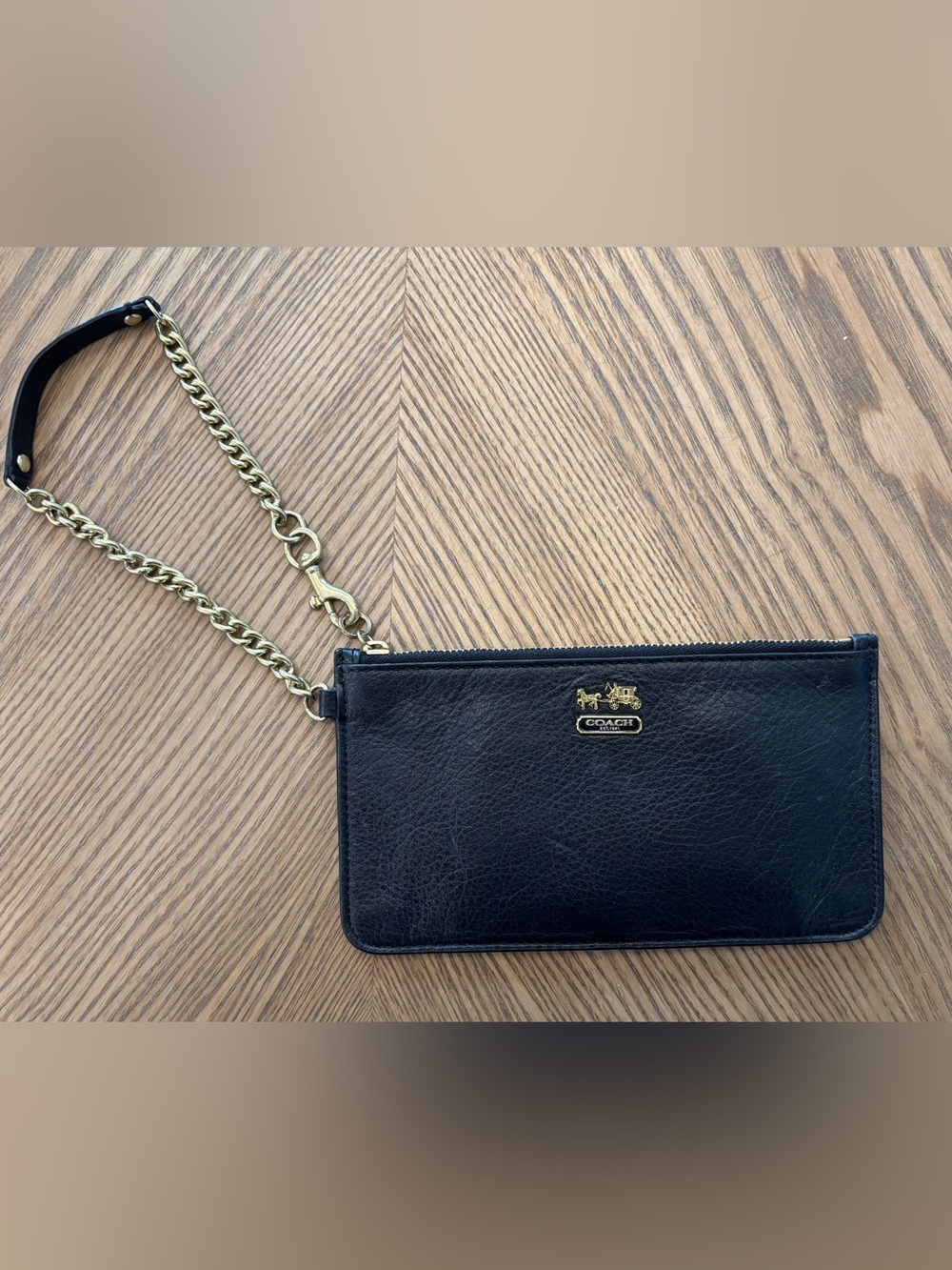Coach Black Leather Wristlet with Gold Coach Carriage Logo